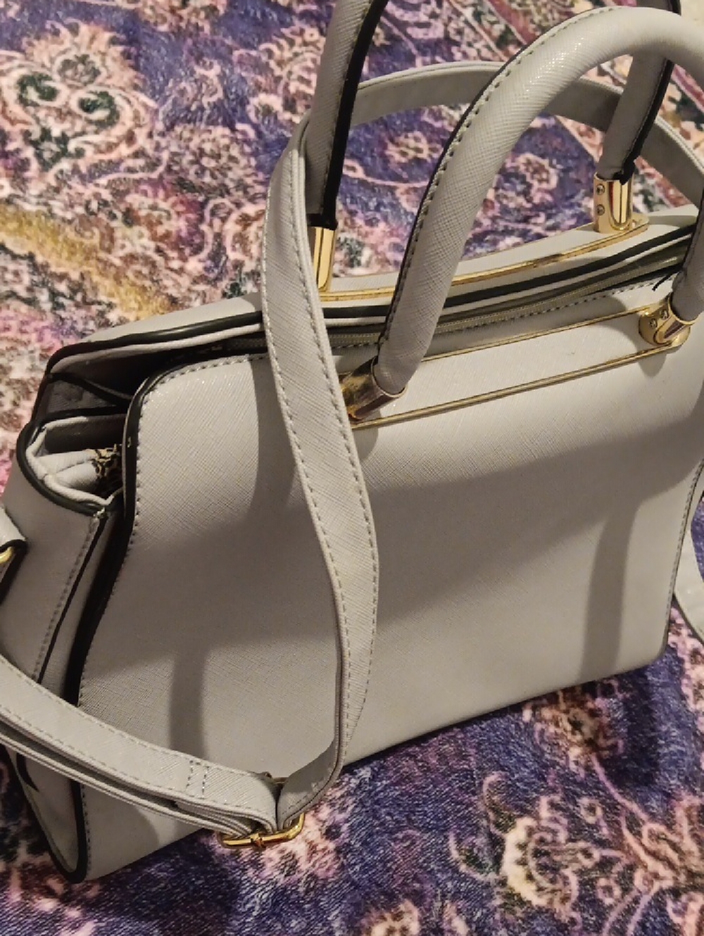 Classic Structured White Satchel Handbag with Gold Accents